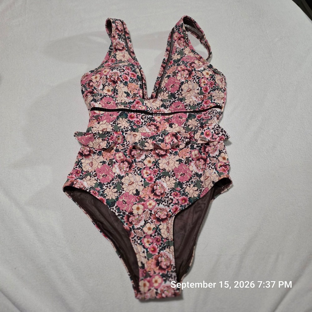 Sea Level Australia Floral Leopard Ruffle One Piece Swimsuit Pink Mauve US 4